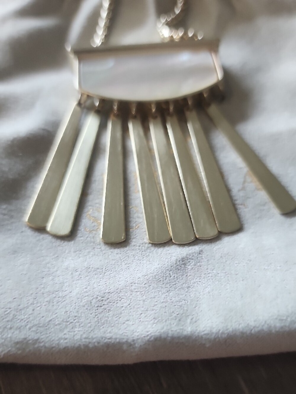 Gold Fringe Pendant Necklace with Mother-of-Pearl Inlay . One Missing Link - Picture 13 of 15